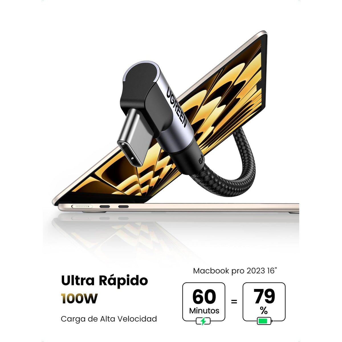 כבל UGREEN USB-C 2.0 to Angled USB-C M/M Cable Aluminium Shell with Braided 1m – תמונה 2