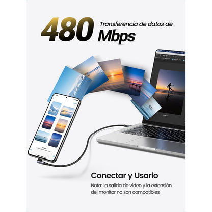 כבל UGREEN USB-C 2.0 to Angled USB-C M/M Cable Aluminium Shell with Braided 1m – תמונה 5