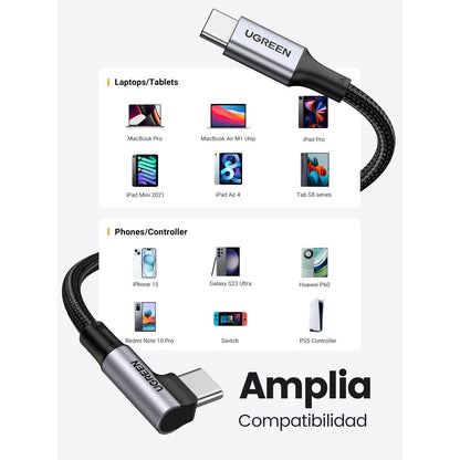 כבל UGREEN USB-C 2.0 to Angled USB-C M/M Cable Aluminium Shell with Braided 1m – תמונה 7