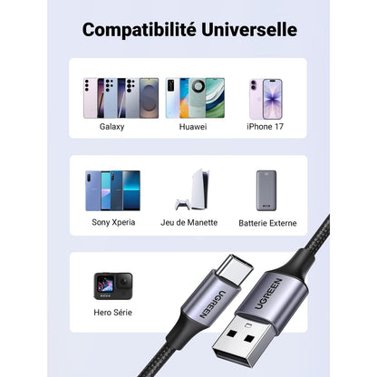 כבל UGREEN USB-C ל-USB-A 2.0 קלוע באורך 3 מטר – תמונה 3