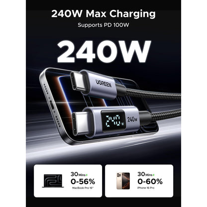 כבל טעינה UGREEN USB-C ל- USB-C 240W 480Mbps עם צג דיגיטלי – תמונה 9