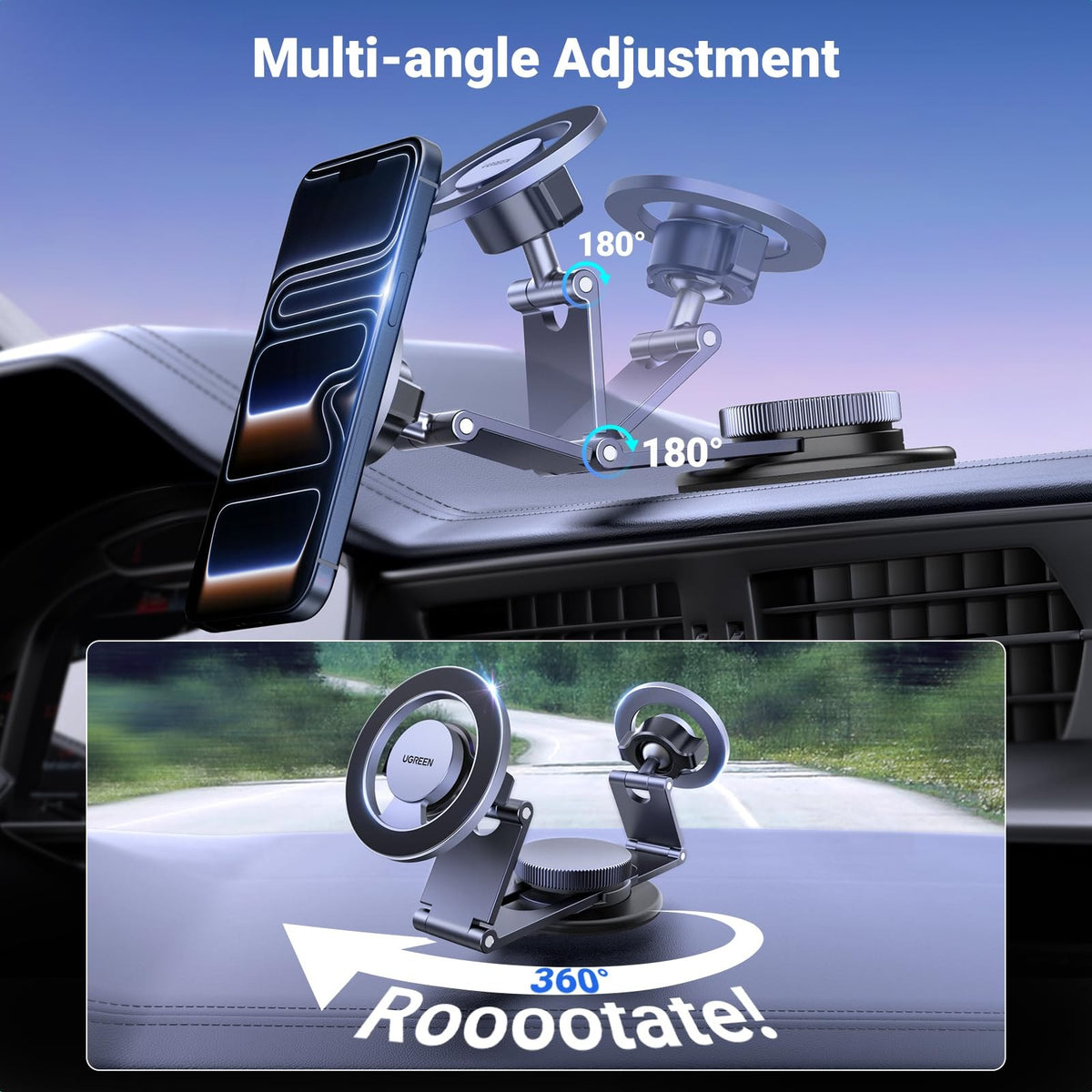 מעמד מגנטי לרכב UGREEN זרוע מתכווננת 360° לדשבורד – תמונה 2