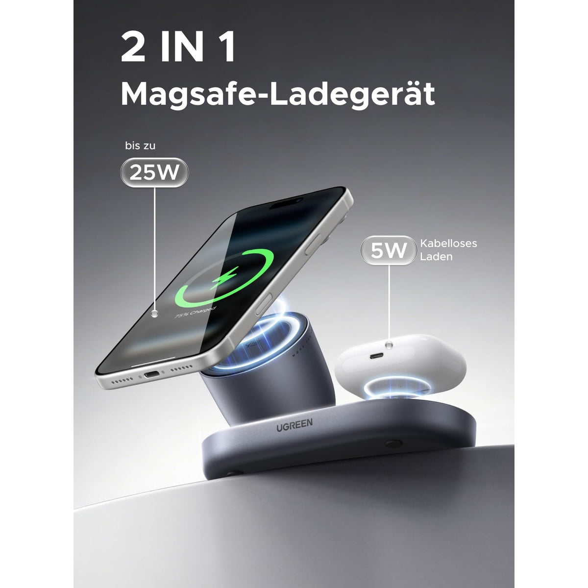 מעמד טעינה אלחוטי מגנטי UGREEN 2 ב-1 Qi2.2 25W תואם MagSafe – תמונה 3