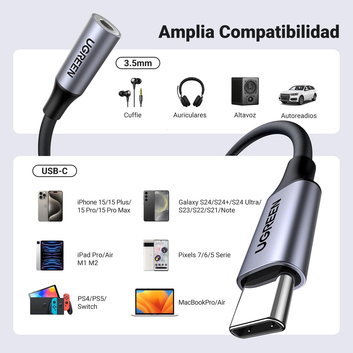 מתאם אוזניות UGREEN USB-C ל-3.5 מ״מ עם DAC – תמונה 3