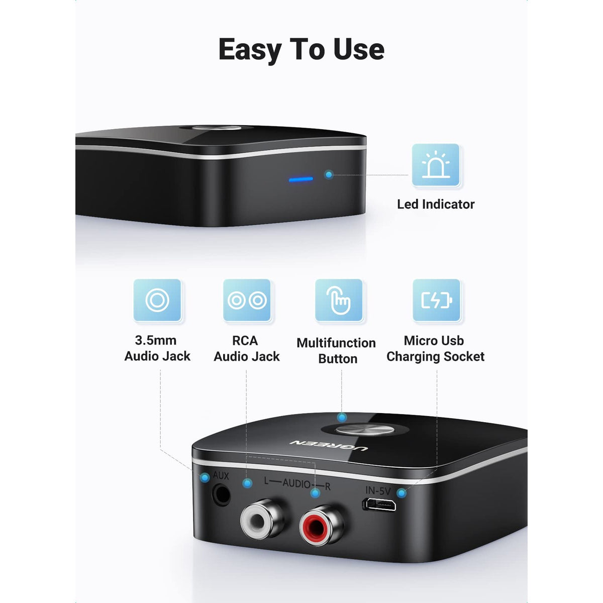 מקלט אודיו Bluetooth UGREEN למערכות HiFi עם RCA ו-3.5 ממ – תמונה 5