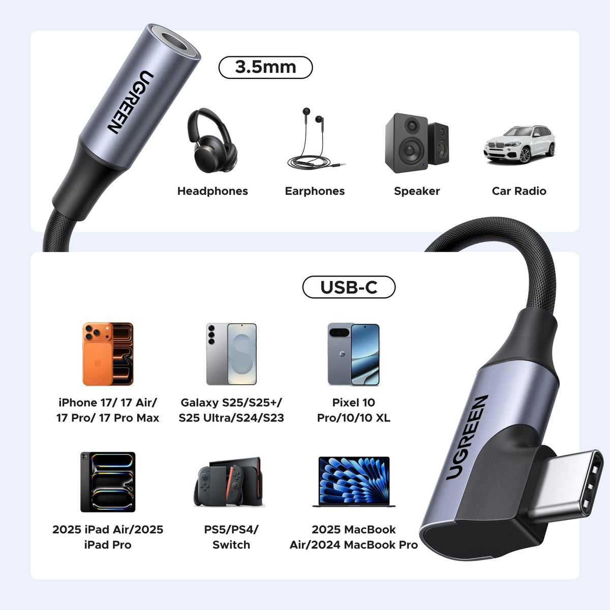 מתאם אודיו UGREEN USB-C ל-3.5 מ״מ DAC זוויתי 90° – תמונה 6
