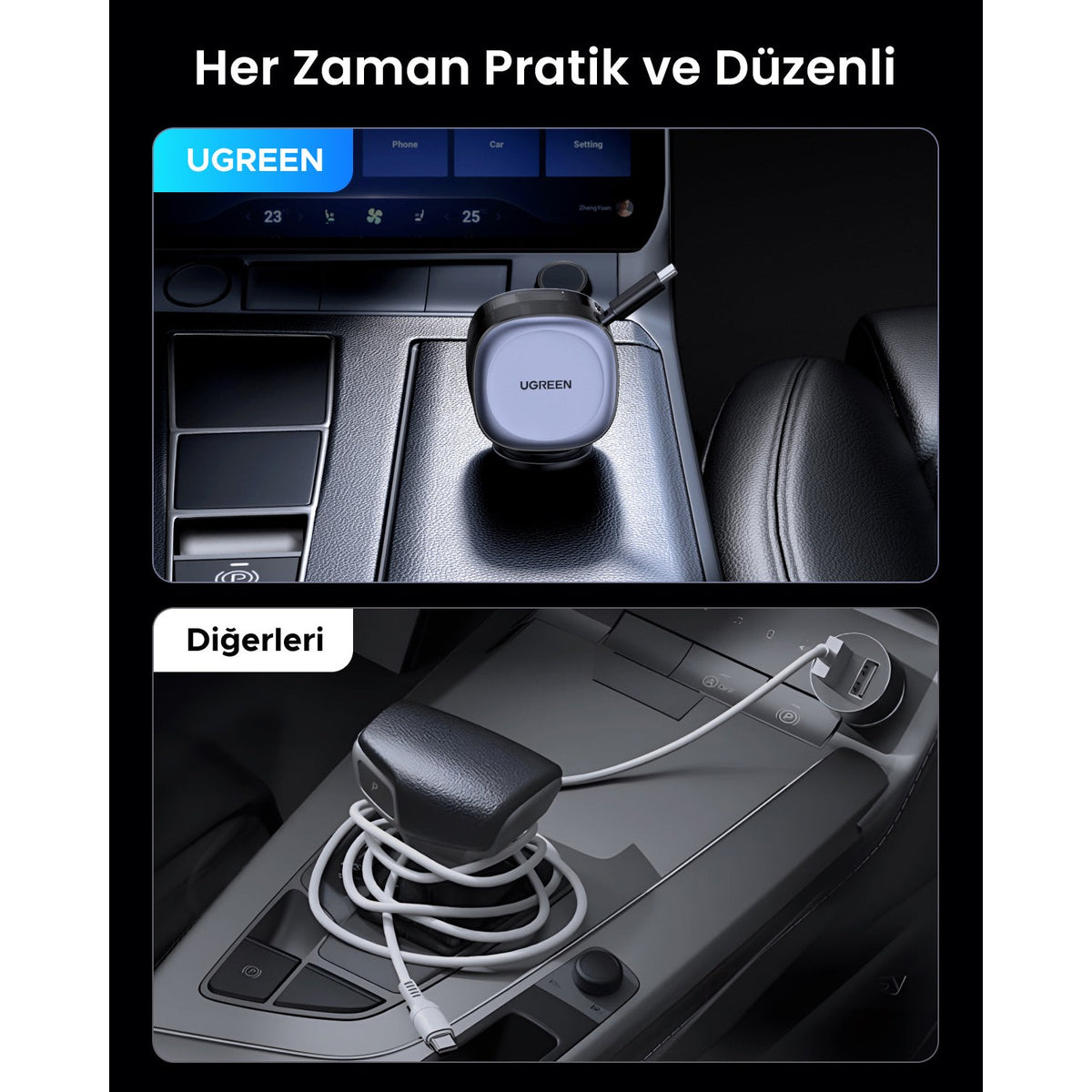 מטען רכב מהיר UGREEN 75W עם כבל USB-C נשלף – תמונה 2