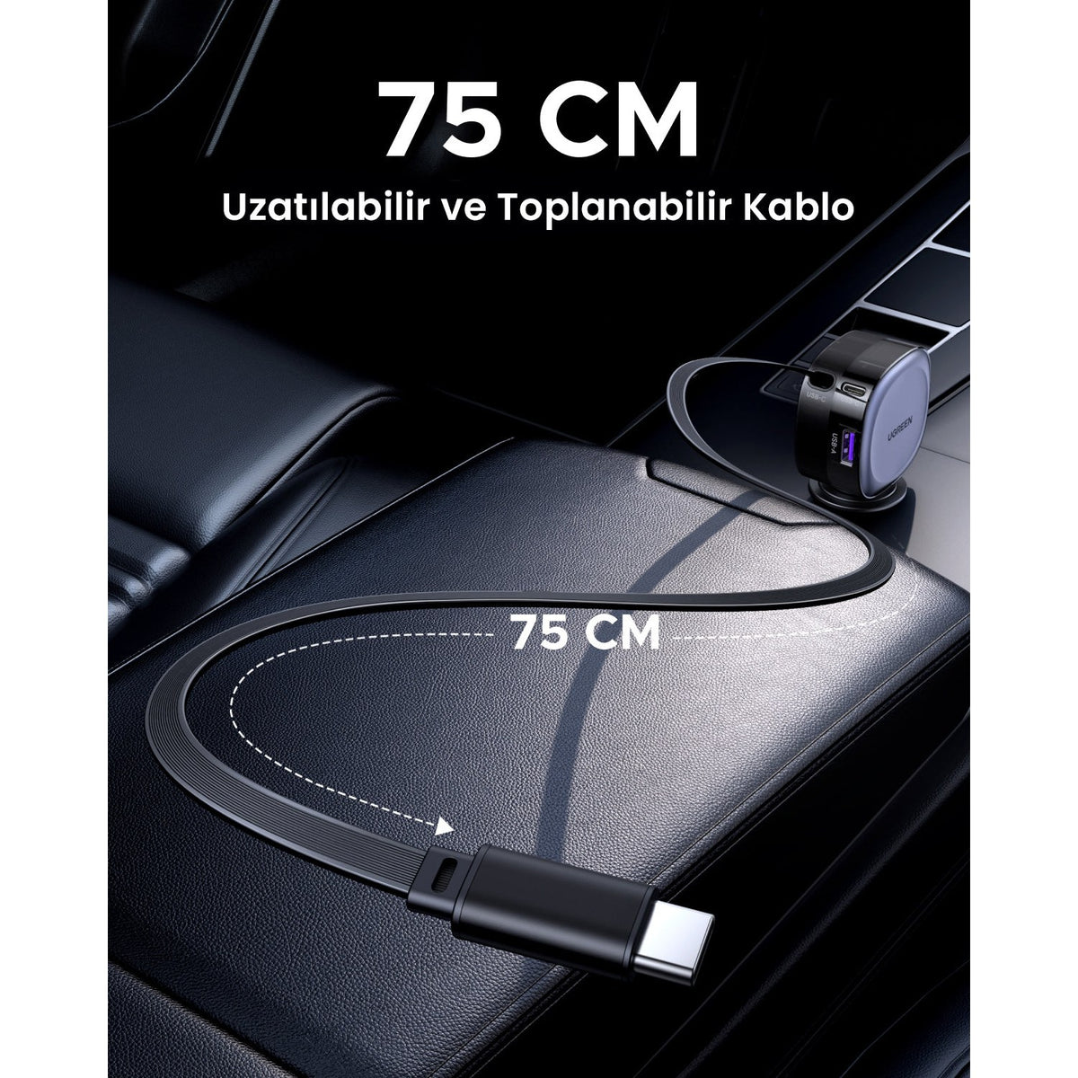 מטען רכב מהיר UGREEN 75W עם כבל USB-C נשלף – תמונה 4