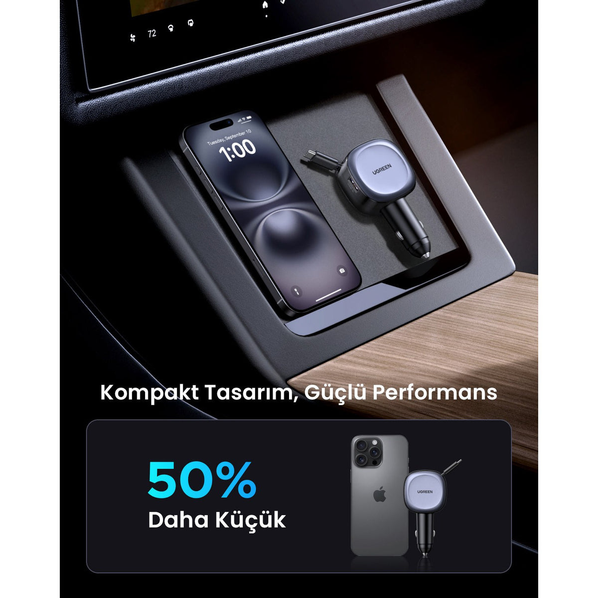 מטען רכב מהיר UGREEN 75W עם כבל USB-C נשלף – תמונה 6