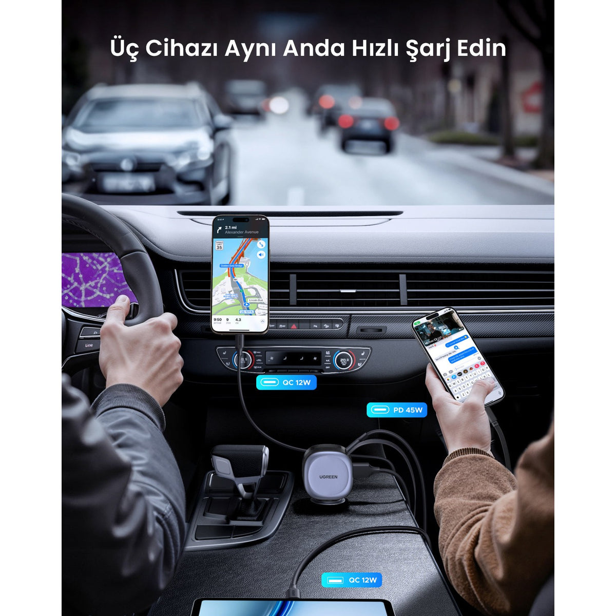 מטען רכב מהיר UGREEN 75W עם כבל USB-C נשלף – תמונה 7