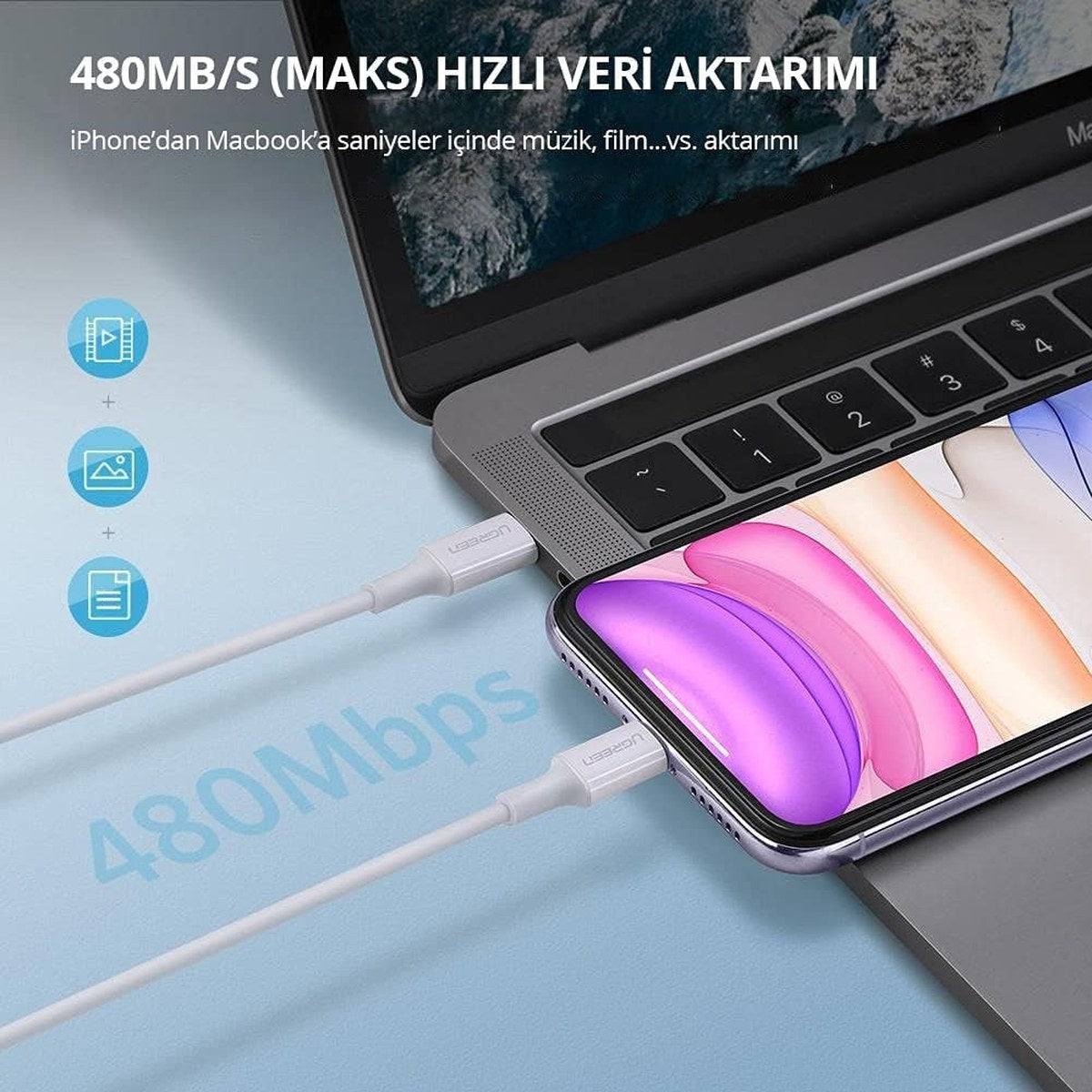 כבל UGREEN USB-C to Lightning M/M Cable Rubber Shell 1m – תמונה 3
