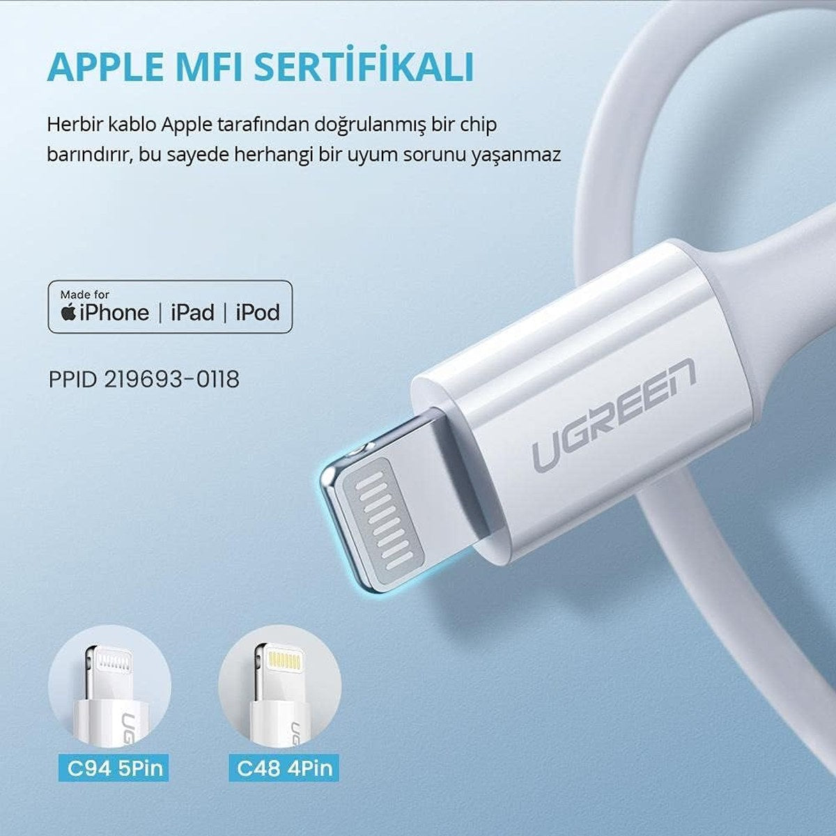 כבל UGREEN USB-C to Lightning M/M Cable Rubber Shell 1m – תמונה 4