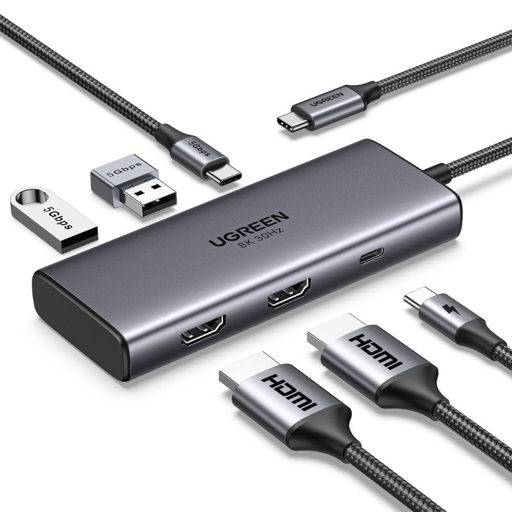 תחנת עגינה UGREEN CM498 – 6 ב1 USB-C ל- 2×HDMI 8K@30Hz + 2×USB-A3.0 + USB-C3.0 + PD 100W